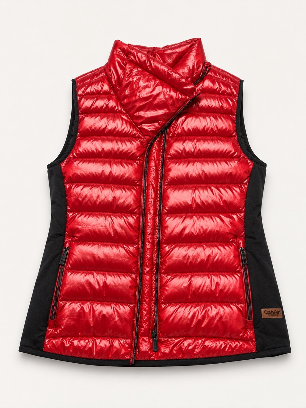 Calvin Klein Shiny Red Quilted Puffer Vest with Black Panels